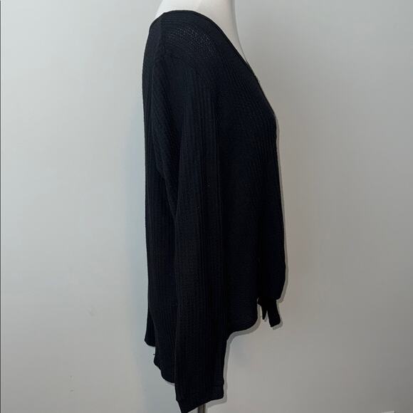 Truself Black Faux Button-Down Long Sleeve Waffle Knit Tie Front Women's Top XL - Picture 5 of 6